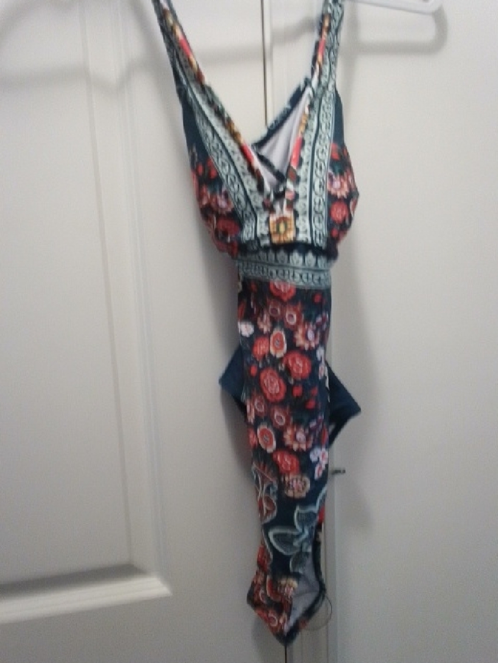 Floral One-Piece Swimsuit in Green with Red Floral Print
